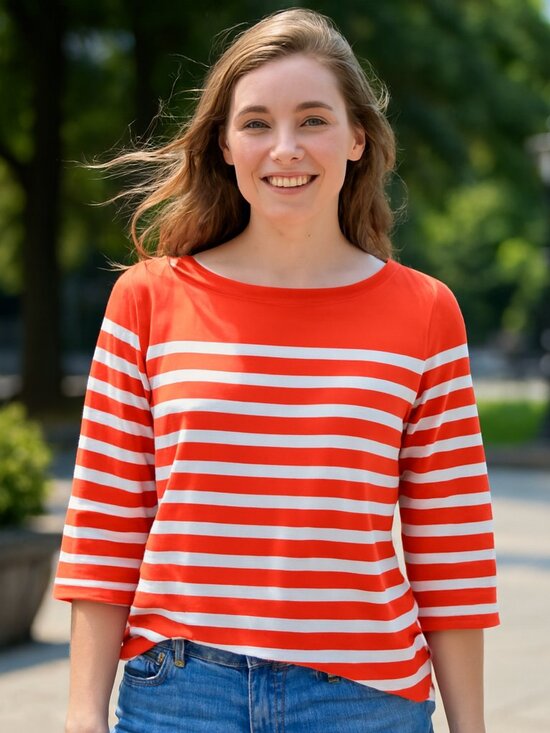 Anthropologie Tops - Maeve by Anthro Top Orange/Red stripped 3/4 sleeves with button accents size XS